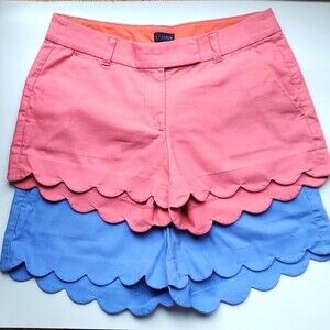 TWO PAIRS J. CREW SCALLOP HEM LINEN COTTON SHORTS BLUE PINK SZ 4